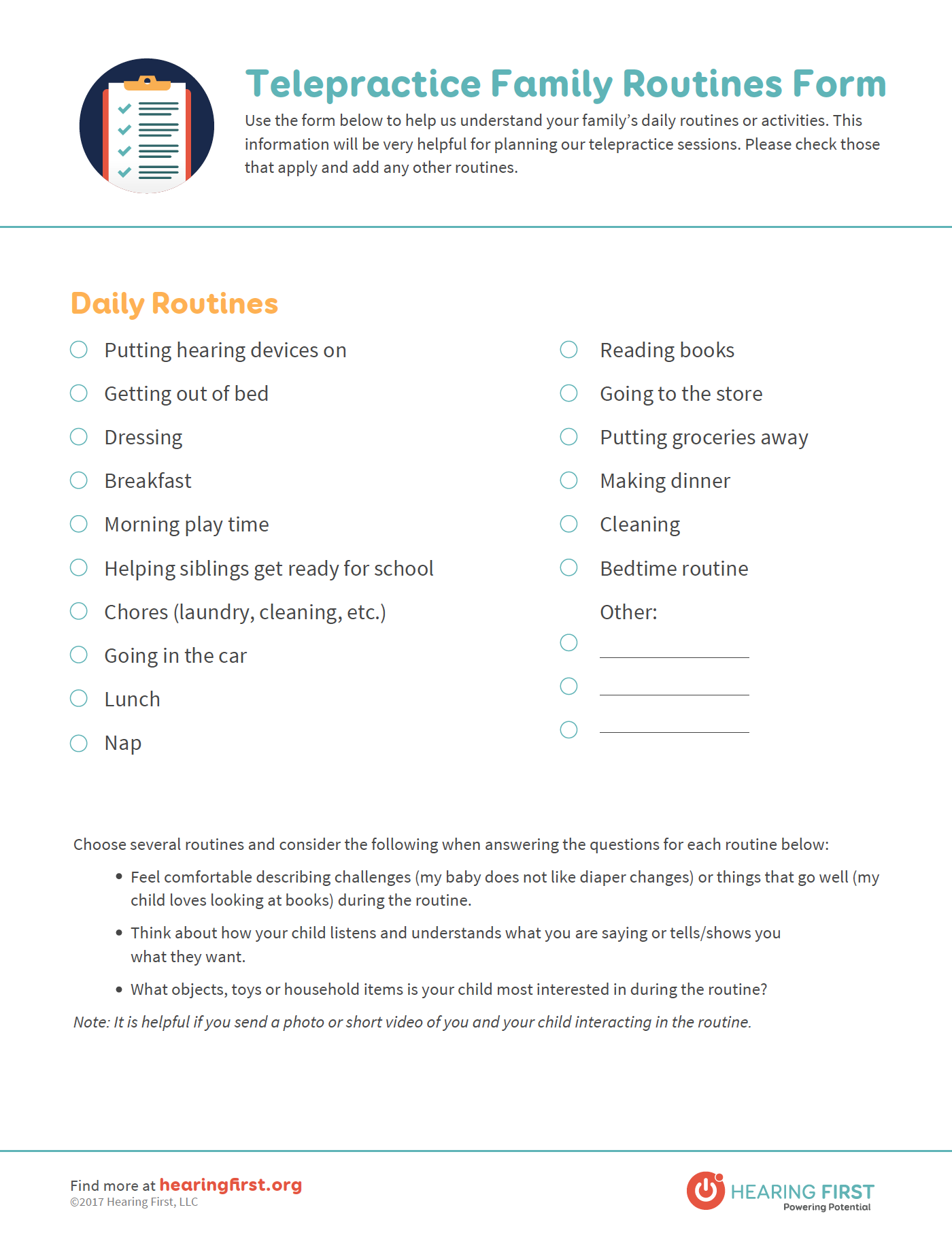 Preview of Telepractice Family Routines Form PDF